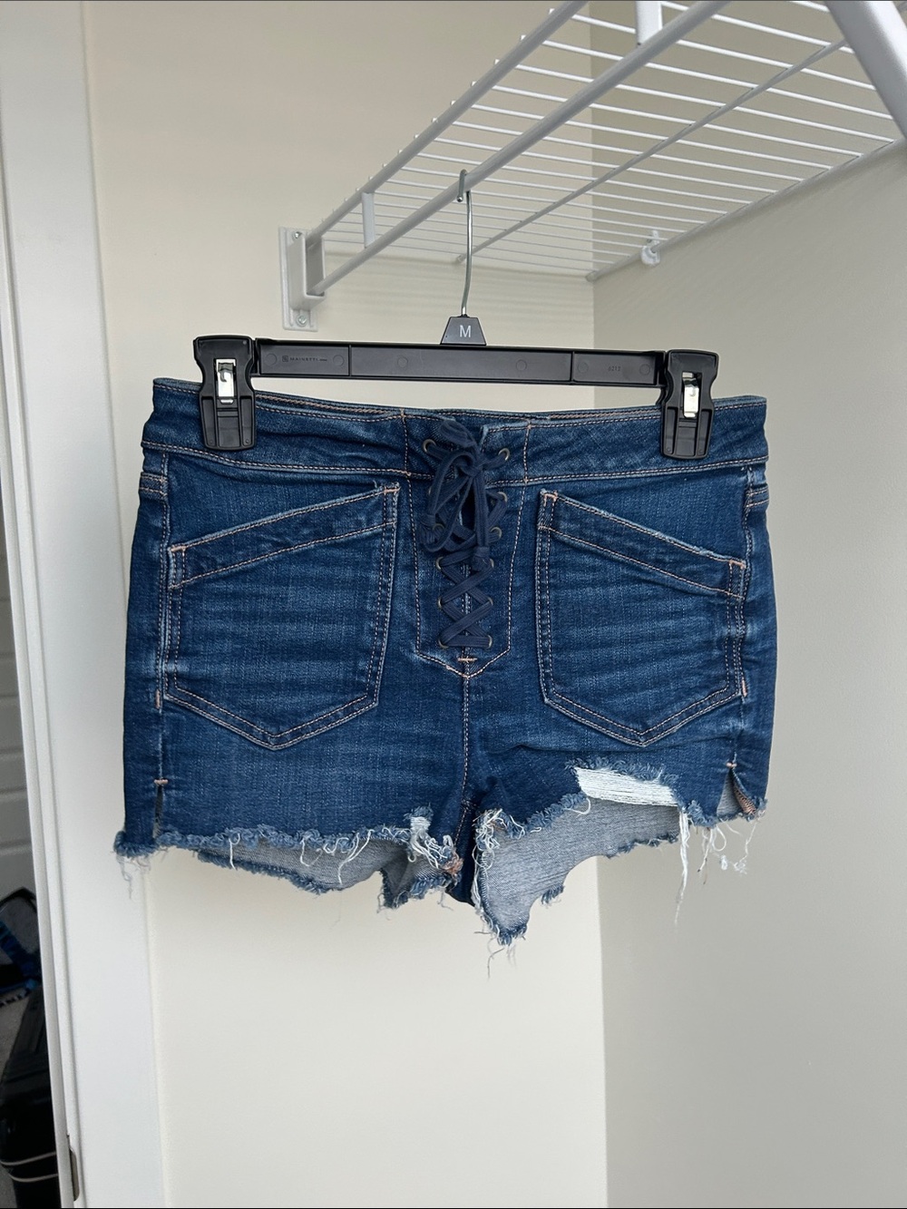 American Eagle Outfitters Dark Blue Lace-Up Distressed Denim Shorts